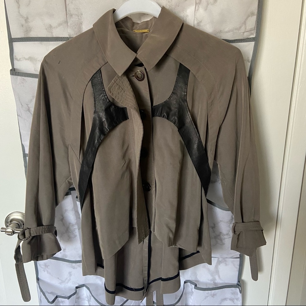 Khaki grey Rebecca Minkoff button up top with 100% lamb skin halter details
